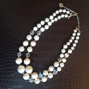 1960s 15" Lisner Faux Pearl & Aurora Borealis Crystal Vintage Necklace